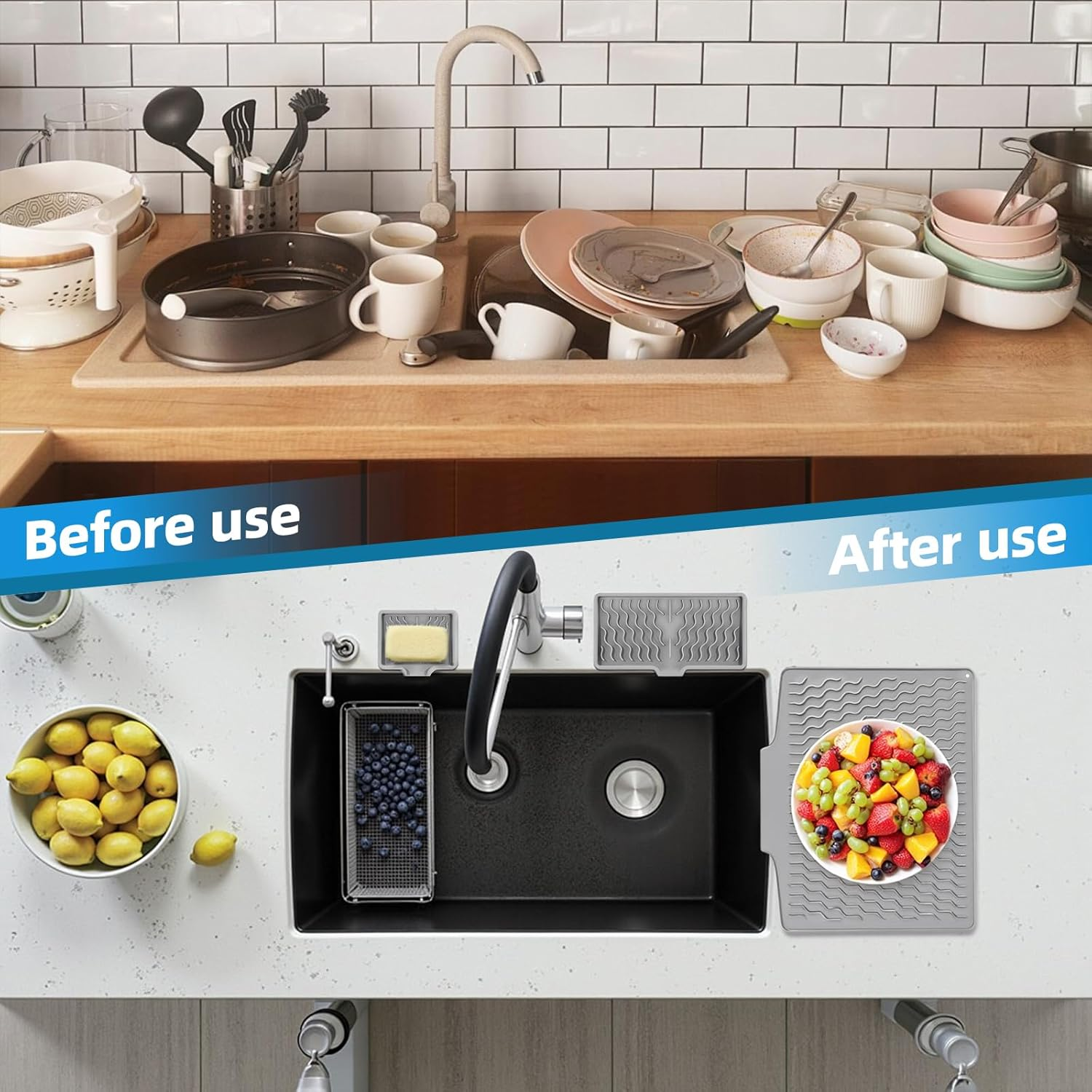 Silicone Dish Drying Mat for Kitchen Counter,Non Slip Drain Pad,Dish Drying Mats with Built in Drain,Large Dish Drying Mat,Silicone Soap Dish,Easy to Clean Drying Pad.Set of 3(Grey) image number 6