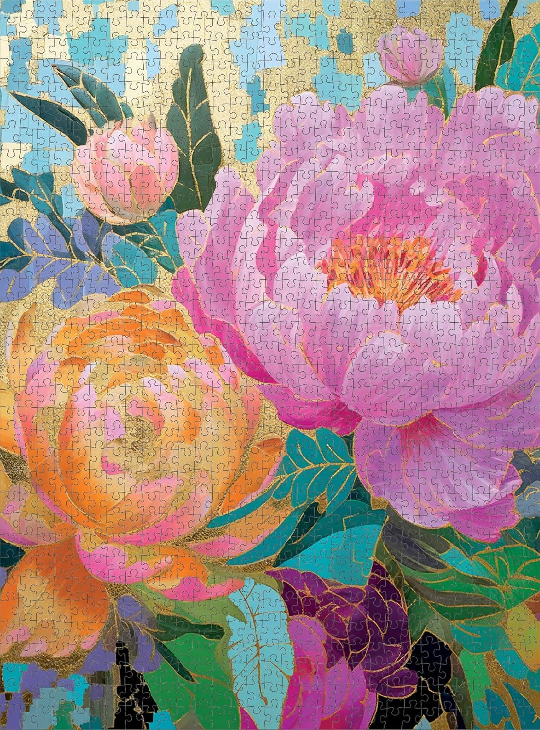 Golden Peony Dreams - Beautiful 1000-Piece Jigsaw Puzzle for Adults | Vibrant Mosaic-Inspired Artwork with Gold Leaf Details | Premium Quality & Eco-Friendly | Cross & Glory Masterpiece Collection image number 5