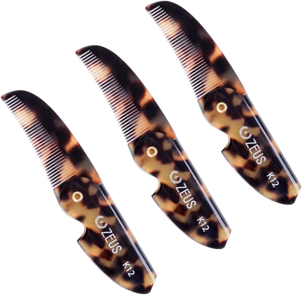 ZEUS Folding Mustache Comb, Handmade Saw-Cut Best Moustache Pocket Comb - (3 Pack - Tortoiseshell) - K12 image number 5