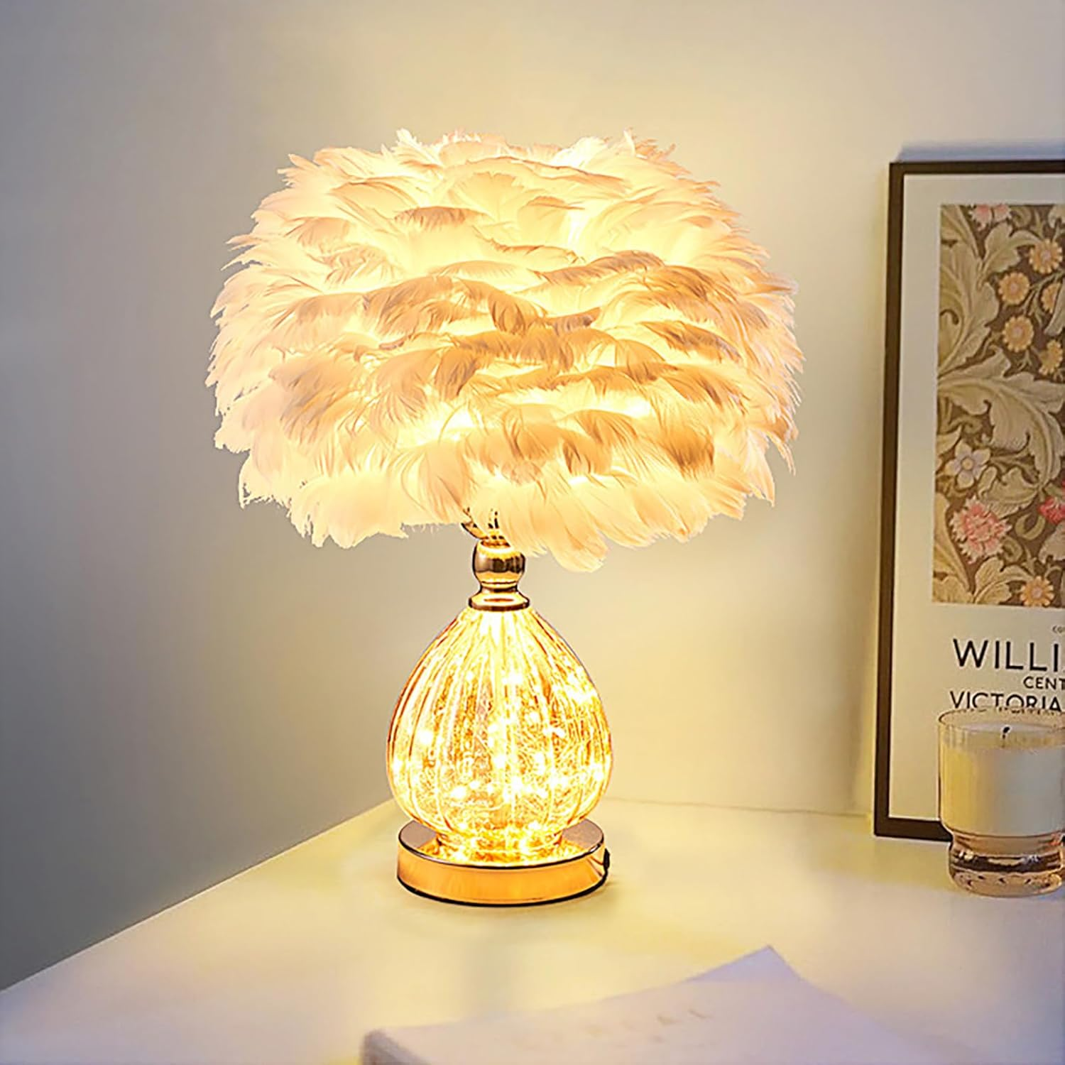 Feather Table Lamp, Charming Bedside Table Lamp, 3 Colour Dimmable Lamp, Modern Creative Decorative Atmosphere Light (White) image number 4