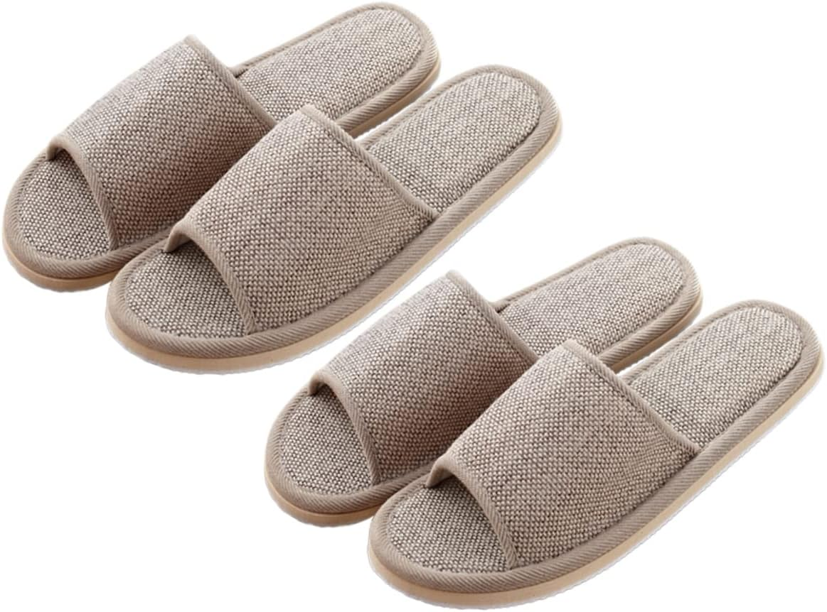 IWOWHERO 2 Pairs of 26Cm Anti-Slip Eva Open-Toe Slippers for Summer Beige Linen Slippers for Home and Hotel Suitable for Men and Women image number 1