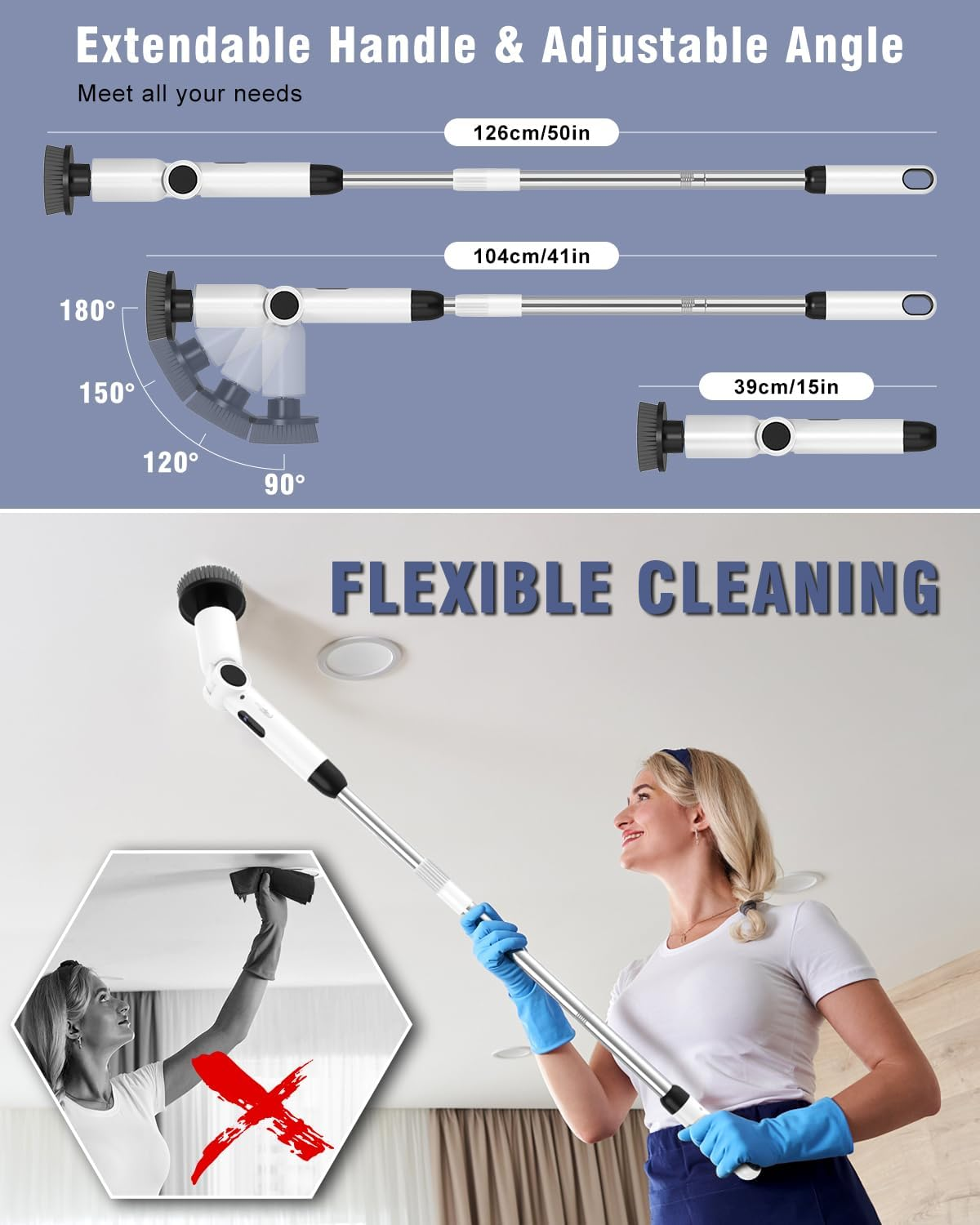 Electric Spin Scrubber, [4 Adjustable Angles] [Battery Display ] Homtronics Cordless Power Scrubber with 8 Replaceable Brush Heads, 450RPM Electric Cleaning Brush for Bathroom, Floor, Tile, Car-White image number 6