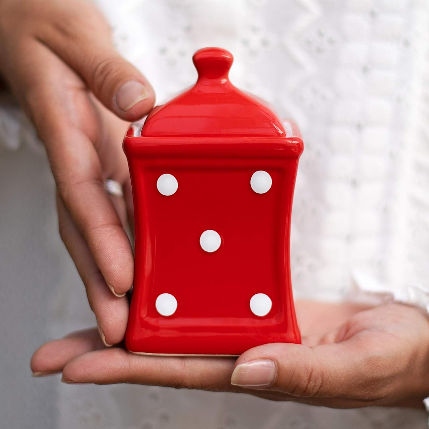 Handmade Small 5.3Oz/150Ml Ceramic Kitchen Herb, Spice, Storage Jar with Lid, Pottery Canister, Housewarming Gift by City to Cottage (Red Polka Dot) - Cream image number 3