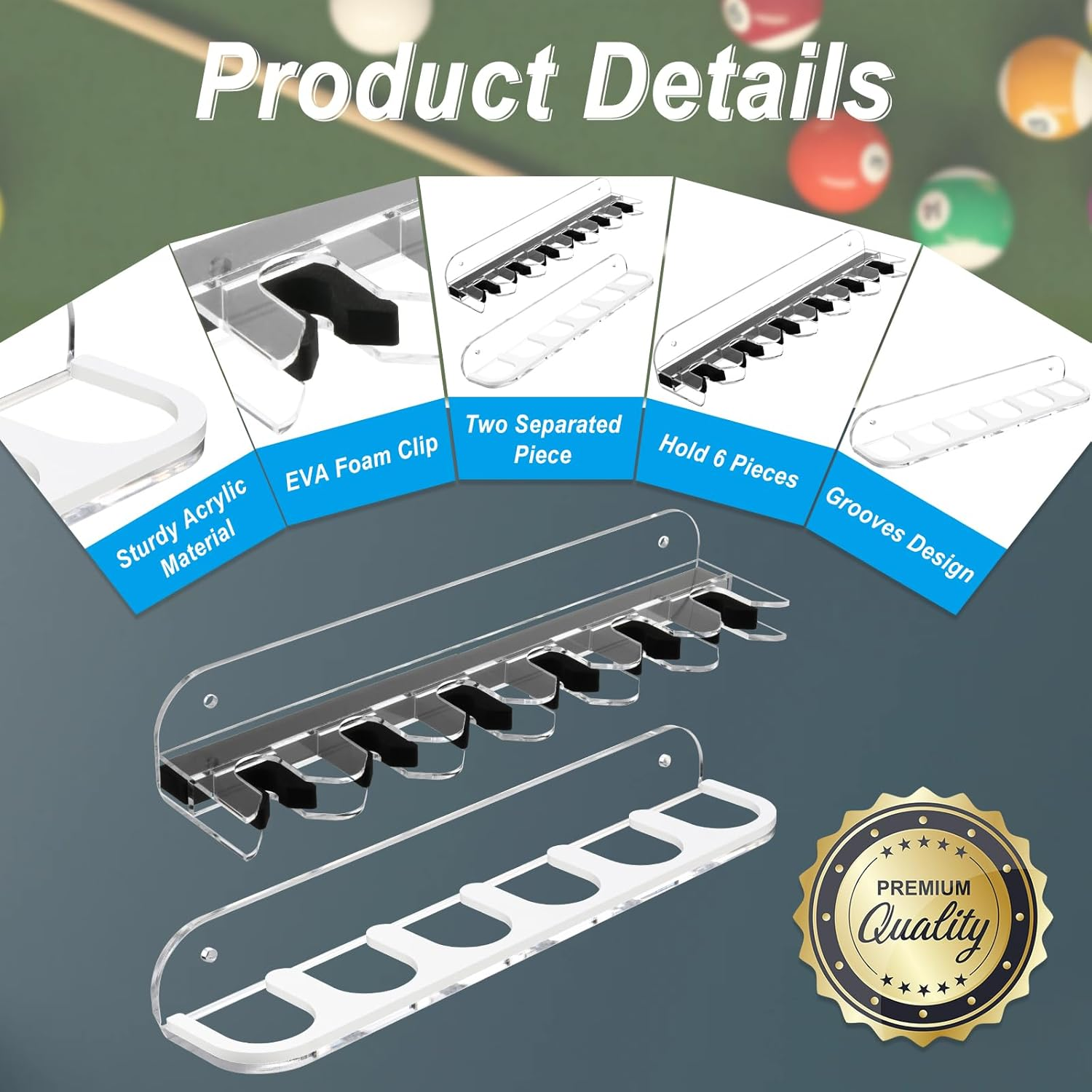 Cosmos Acrylic 2-Piece Billiard Cue Rack Wall Mount Billiard Stick Holder Wall Rack, Eva Foam Cue Clips Holds 6 Pool Cues, Billiard Pool Equipment Accessories (Transparent Clear) image number 6
