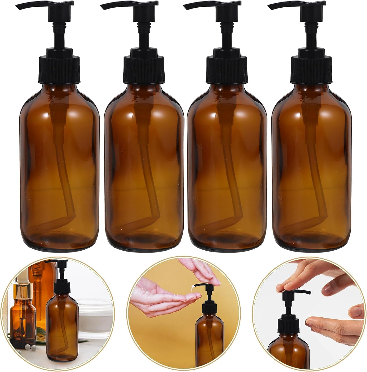 FINISPERSOO 4Pcs 250Ml Light Brown Glass Pump Bottles Set, Refillable Lotion Dispensers for Shampoo, Shower Gel, and Liquid Soap, Portable Travel Containers for Home and Hotel Use image number 5
