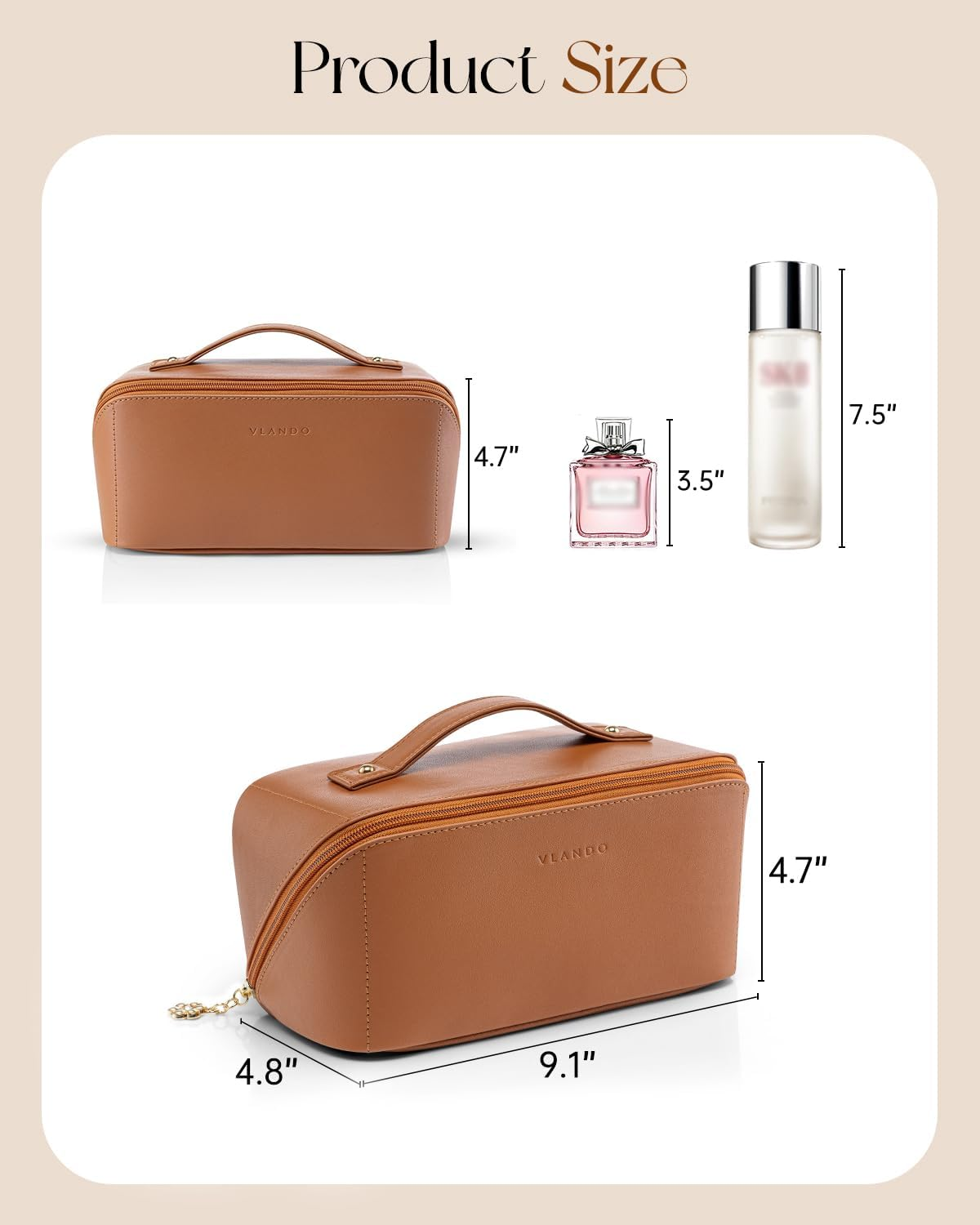Vlando Travel Makeup Bag,Toiletry Bag for Women PU Leather Open Flat Make up Bag, 02.Brown, Open Flat image number 5