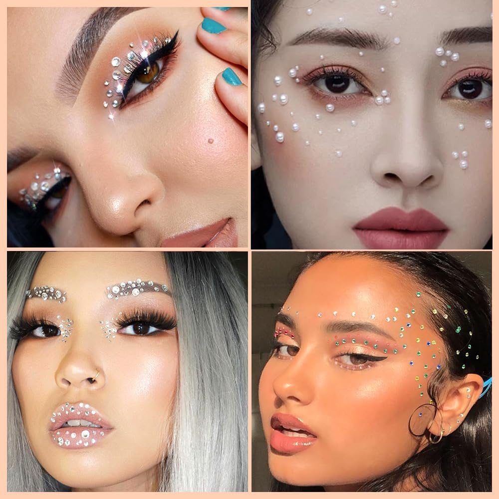 Custelen 486Pcs Self-Adhesive Face and Hair Gems - Rhinestones and Pearls for DIY Makeup and Crafts - Assorted Sizes and Colors - Face, Eyes, and Body Decorations image number 2