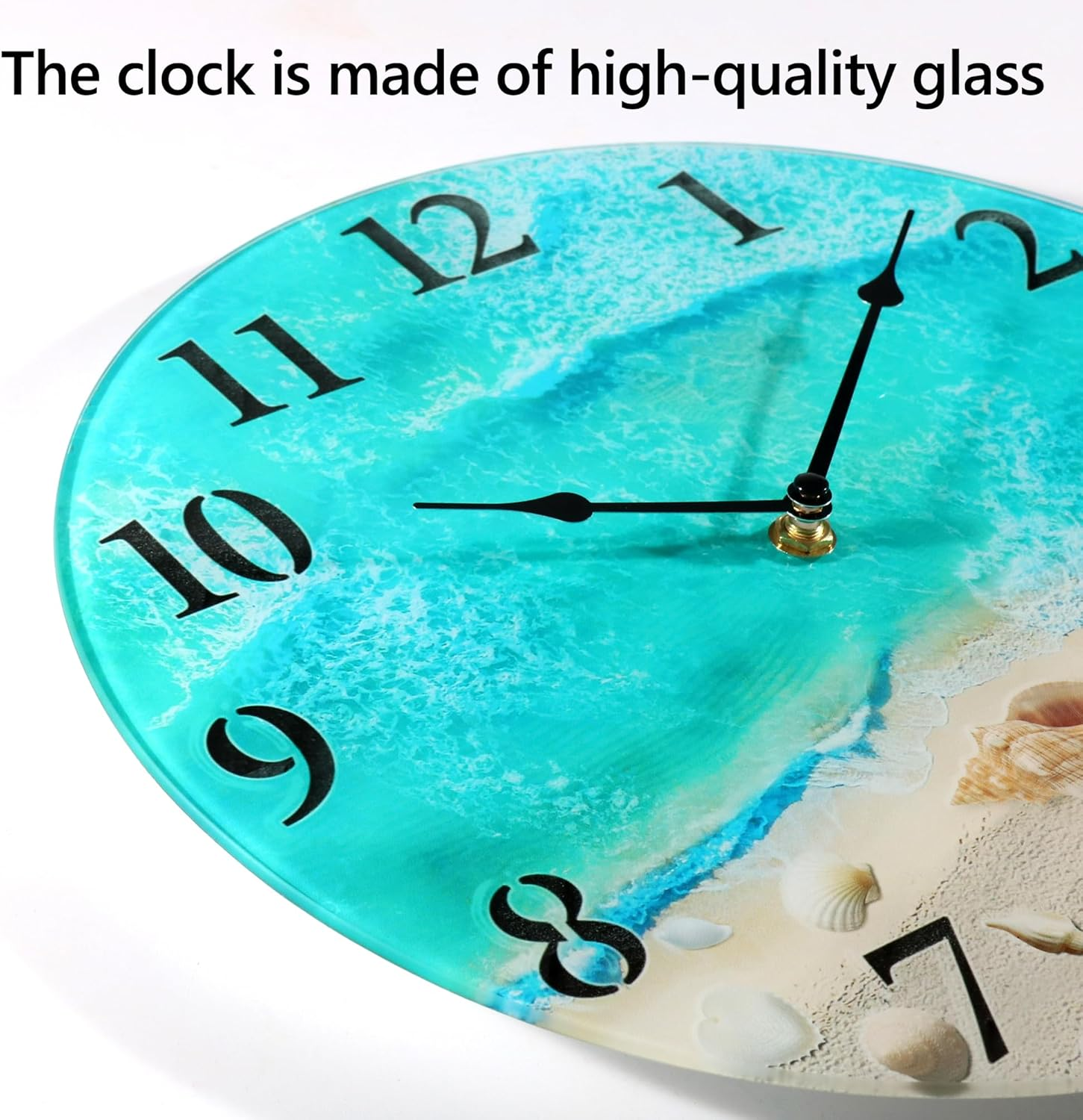 Coastal Nautical Glass Wall Clock with Seashell Design and Aesthetic Beach Theme - Battery Operated Silent Wall Decor for Home, Kitchen, Living Room, Office, Bedroom, or Bathroom (14 Inch,Teal) image number 2