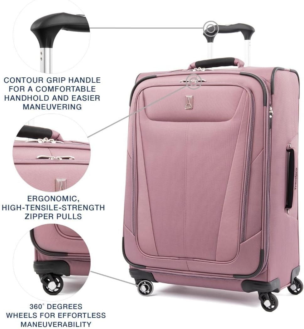 Travelpro Maxlite 5 Softside 2Pc Set Expandable Carry on Luggage with 4 Spinner Wheels/Soft Underseat Tote, Lightweight Suitcase, Men and Women, Dusty Rose Pink, Checked-Medium 25-Inch, Maxlite 5 - Dusty Rose Pink image number 4