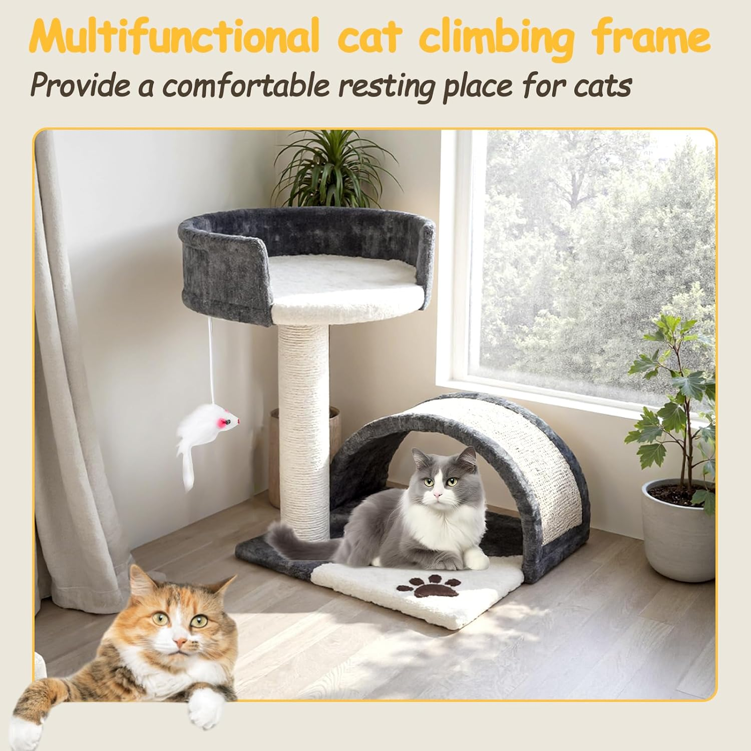 FIEKKRNR Cat Tree Tower with Scratching Posts, Activity Centre Climbing Tree Furniture, Natural Sisal Scratching Post, and Dangling Ball for Indoor Cats, Beige & Gray