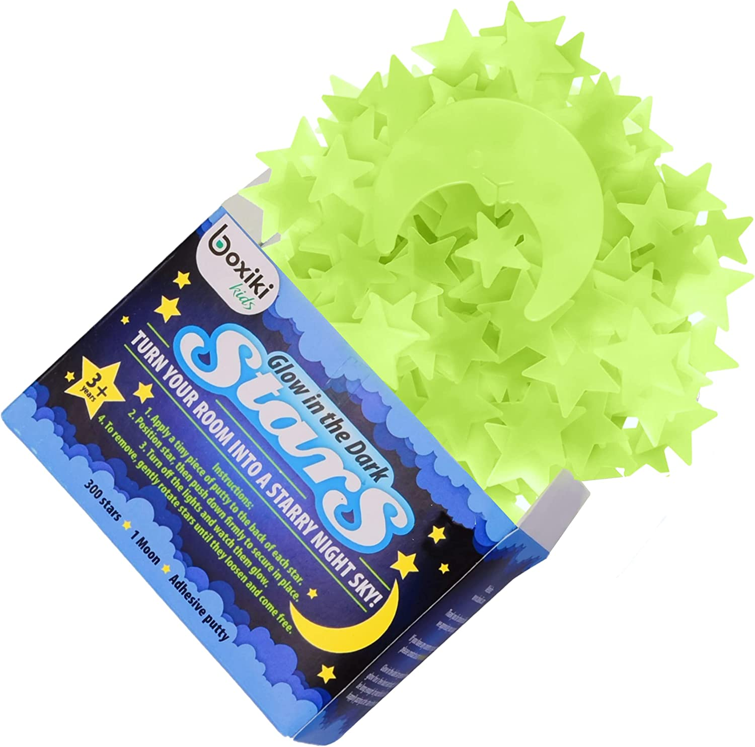 Pack of 300 Glowing Stars & Moon. Fluorescent Ceiling Stars for Kids. Glow in the Dark Set for Bedrooms and Nurseries by Boxiki Kids