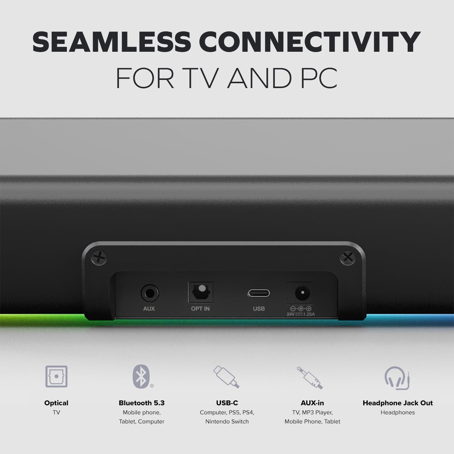 Sound Blaster GS5 RGB Gaming Soundbar with Superwide Technology, Powered via Adapter, up to 60W Peak Power, Bluetooth 5.4, Optical-In, Headphone-Out Port, for PC and TV image number 4