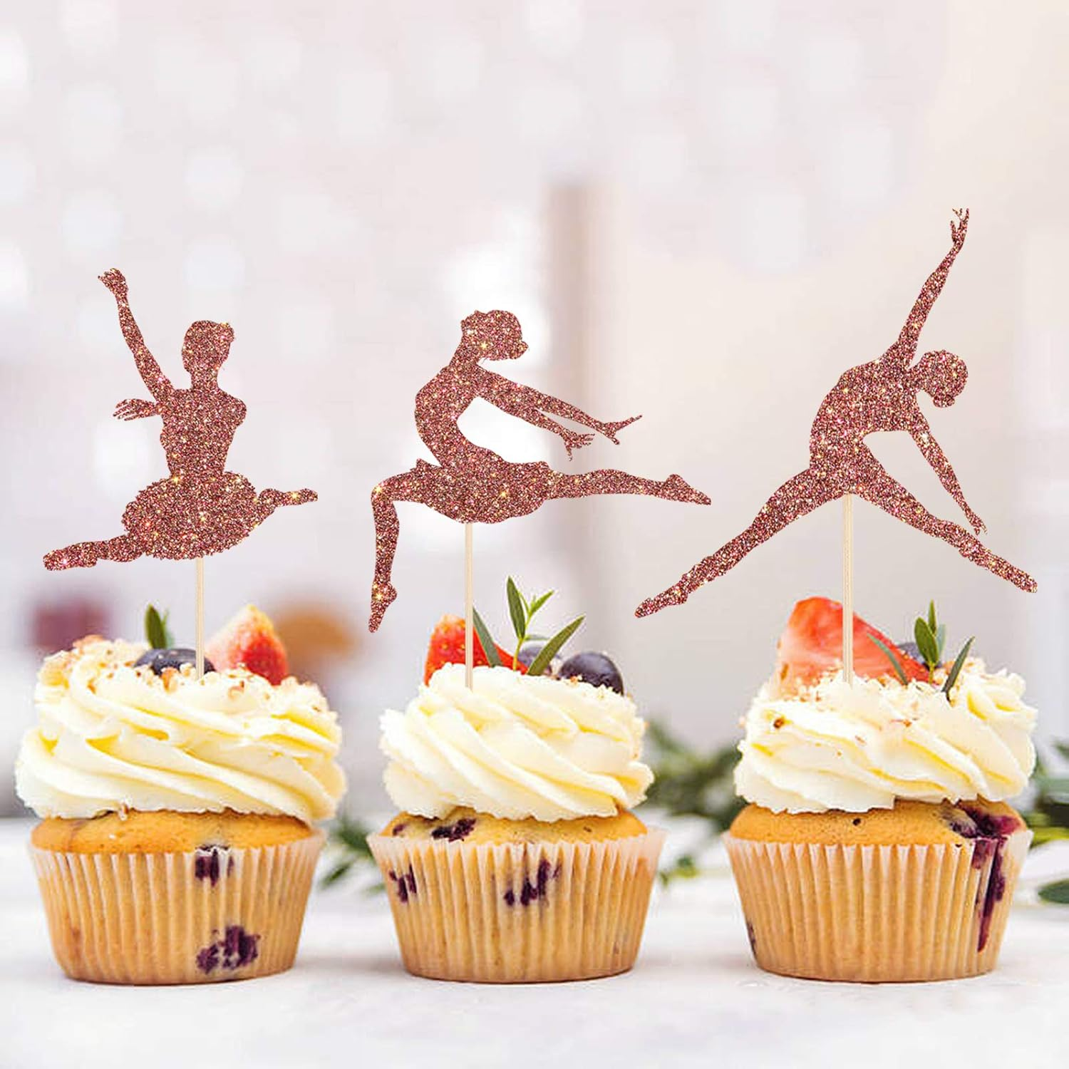 Monmon & Craft 24 Pcs Ballerina Cupcake Toppers for Girl Birthday / Welcome Baby Girl / Girl'S 1St Birthday Party Cake Decorations / Rose Gold Glitter Ballet Girl Cupcake Toppers image number 4