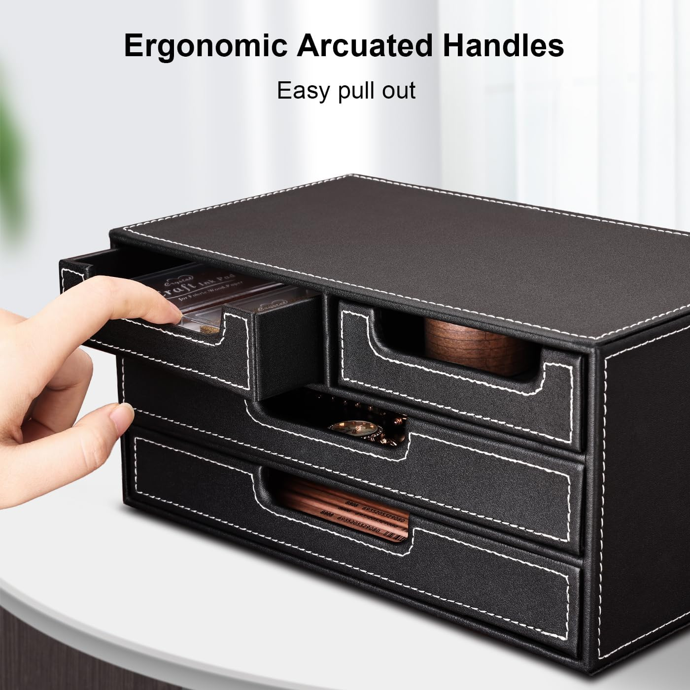 KINGFOM Pu Leather Desktop Organizer for Office Supplies, Desk Accessories, 4 Small Drawer Stationery Storage Box Bills Collection Holder (Small Desk Drawer) image number 1