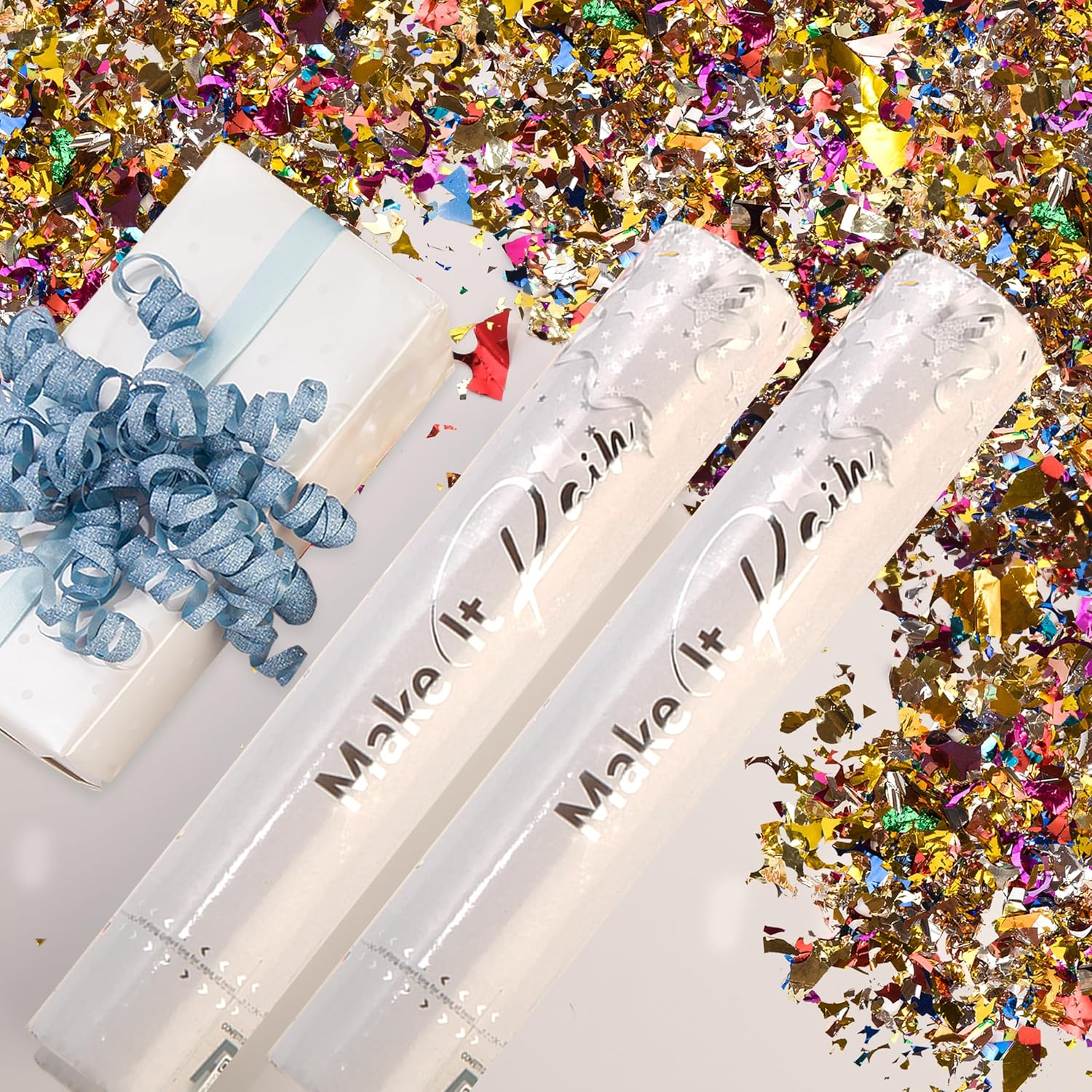 Primepure Confetti Cannon Party Poppers - Shredded Multicolor Confetti Popper - 2 Pack - Metallic Foil Party Favours Gun for Graduation, Wedding, Birthday, Celebration, Glitter Prank image number 1