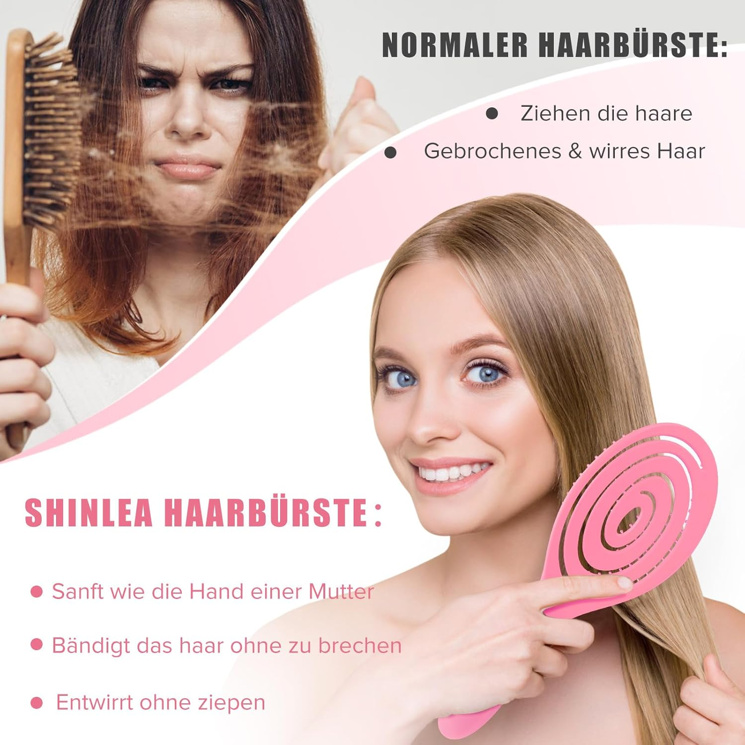 SHINLEA Hair Brush without Pulling, Scalp Massage Brush, Detangler Brush for Women, Men & Children, Detangling Brush Also for Curls and Long Hair (Pink) image number 1