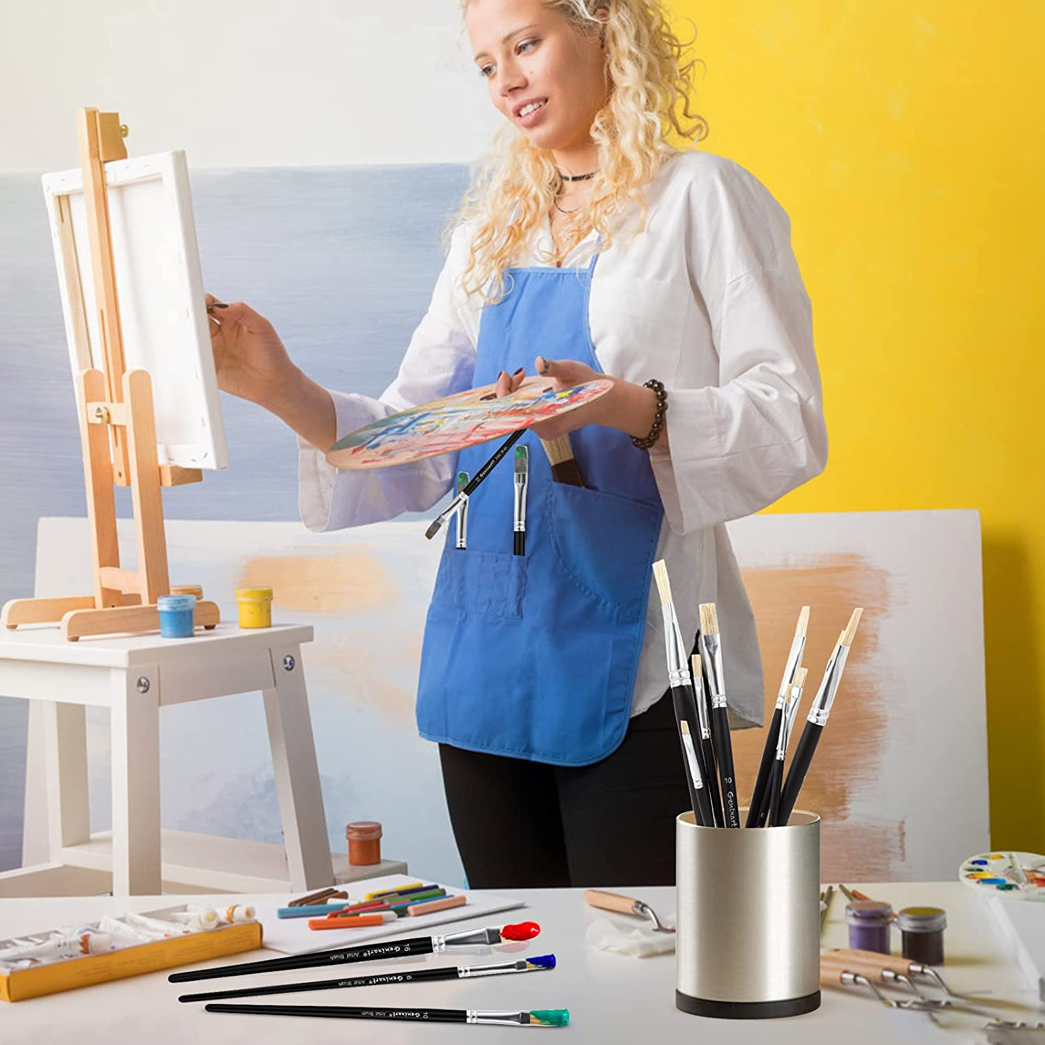 Acrylic Oil Watercolor Paint Brush Set, 9Pcs Flat Paintbrushes for Art Painting, 100% Natural White Hog Bristle Artist Paint Brushes for Students Adults (Black Handle) image number 6