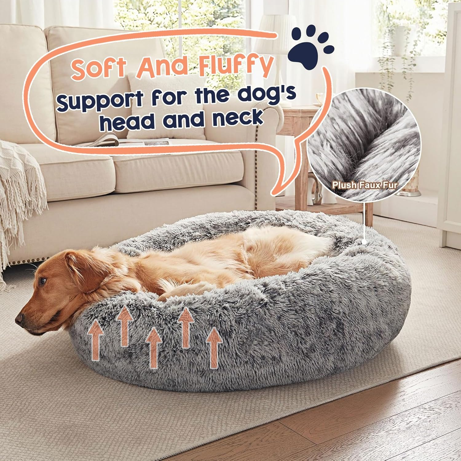 YOUYICI Calming Dog Bed for Dog & Cat, Donut Washable Puppy Bed with Ultra-Plush Support, Fluffy Faux Fur Plush Cushion Beds for Small Medium Dogs (70CM) image number 1