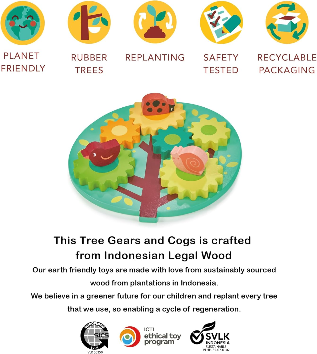 Tree Gears and Cogs Puzzle - Engaging Wooden Toy for Toddlers by Mentari, 20 Cm, Educational Learning Toy with Animal Characters image number 3