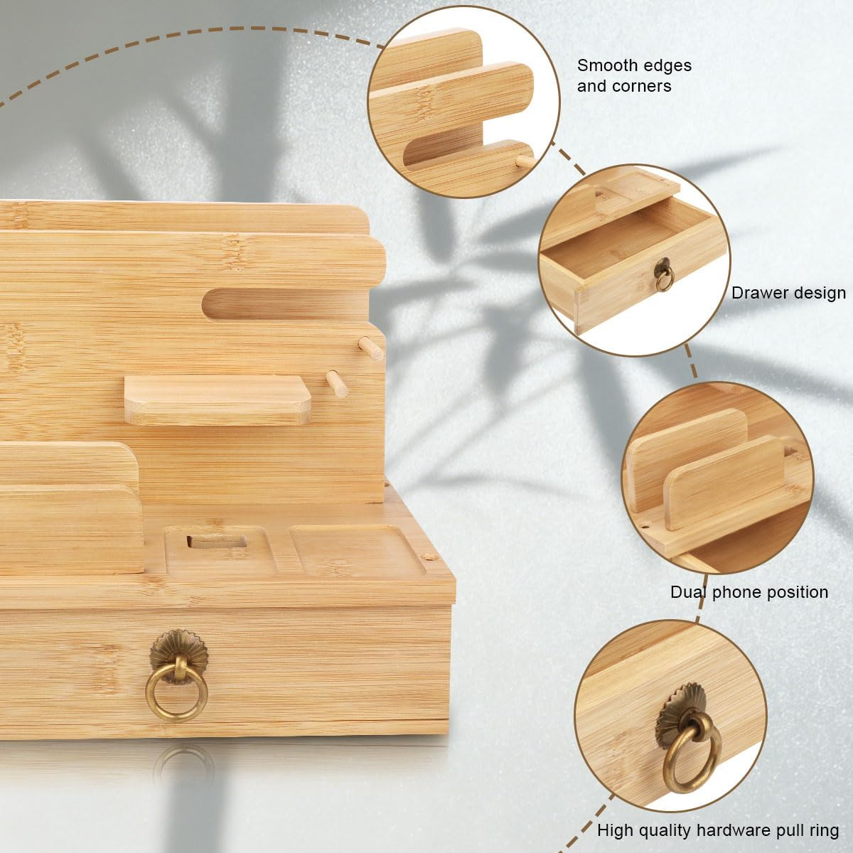 Bamboo Multiple Device Desktop Charging Dock Station Watch Organizer Key Holder with Drawer for Iwatch,Airpods,Ipad,Smartphones,Tablets,Kindles image number 5