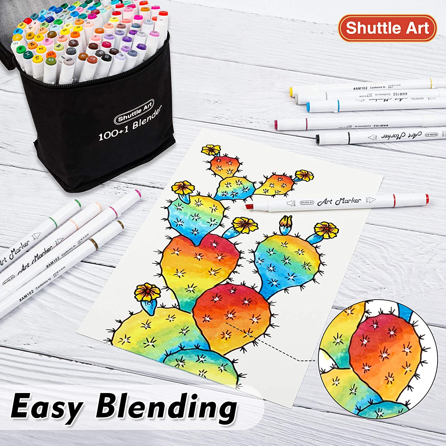 Shuttle Art 100 Colours Alcohol Markers, Dual Tip Art Markers plus 1 Blender Art Pens for Drawing, Sketching Highlighting, Marker Pens with Carrying Case for Artists and Adult Colouring Manga Design image number 2