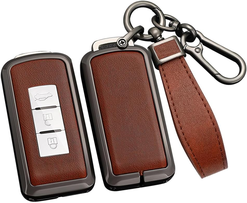 Ontto Metal Car Key Fob Cover Fit for Mitsubishi L200 ASX Outlander Eclipse Cross Pajero Sport Lancer Xpander Triton Leather Key Case Shell Key Holder Keyring Keychain Accessories Silver-Green