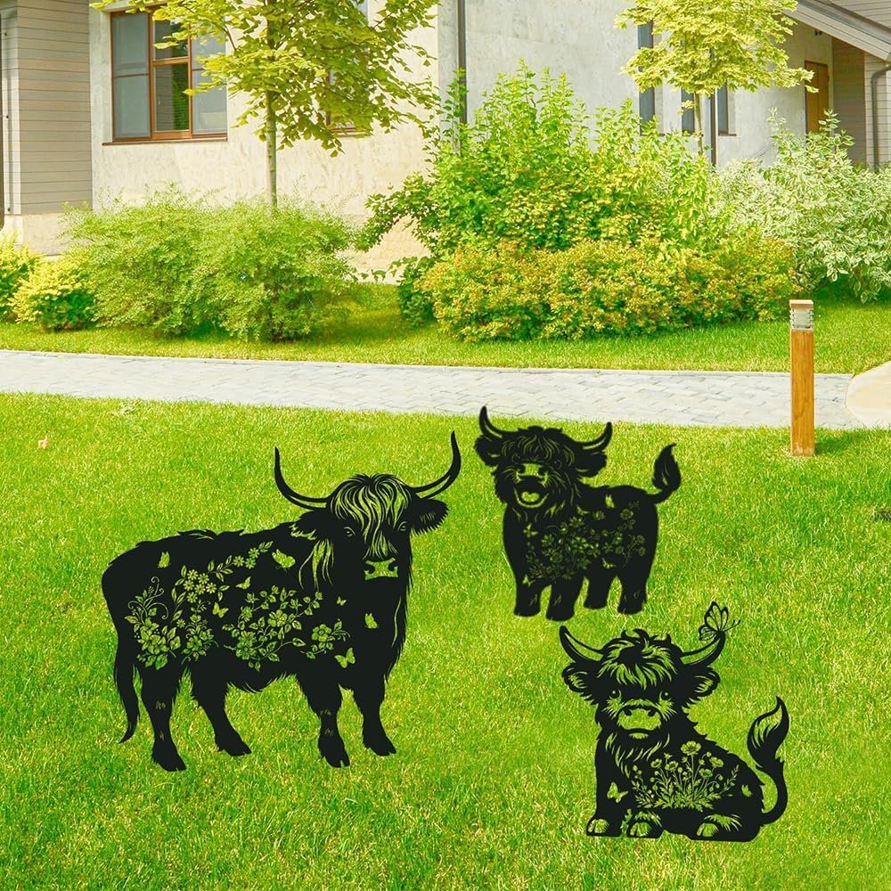 3PCS Outdoor Black Highland Cow Metal Silhouette Statues Garden Decor Sets, Outdoor Decor, Yard Art, Patio, Lawn Ornaments,Funny Outdoor Decor for Garden, Gifts for Women Men Highland Cow Lovers image number 4