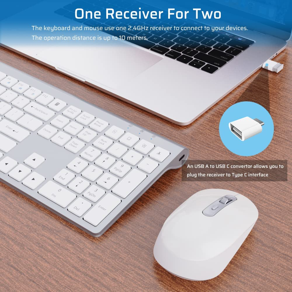 Wireless Keyboard and Mouse,Rechargeable Keyboard and Mouse 2.4G Mouse and Keyboard for MAC Windows White+Silver image number 1