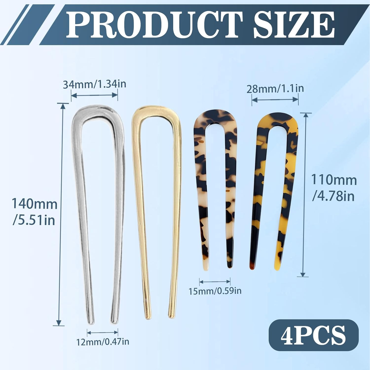 Pack of 4 U-Shaped Hair Pins, French Hair Pins, French Hair Clip, Metal Clip, Delicate Hair Accessories, Hairstyle Accessories, Bun Pins for Hair, Gold and Silver Hair Clips for Women and Girls image number 4