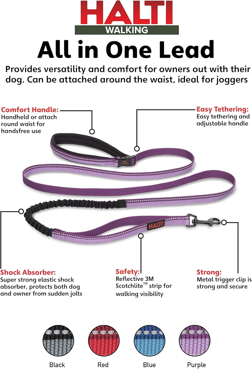 HALTI Active Lead - Award-Winning Bungee Dog Lead, Shock-Absorbing Anti-Pull Dog Leash, All-In-One Neoprene Padded Belt & Lead, Ideal for Running & Training with Medium & Large Dogs (Size L, Purple) image number 4