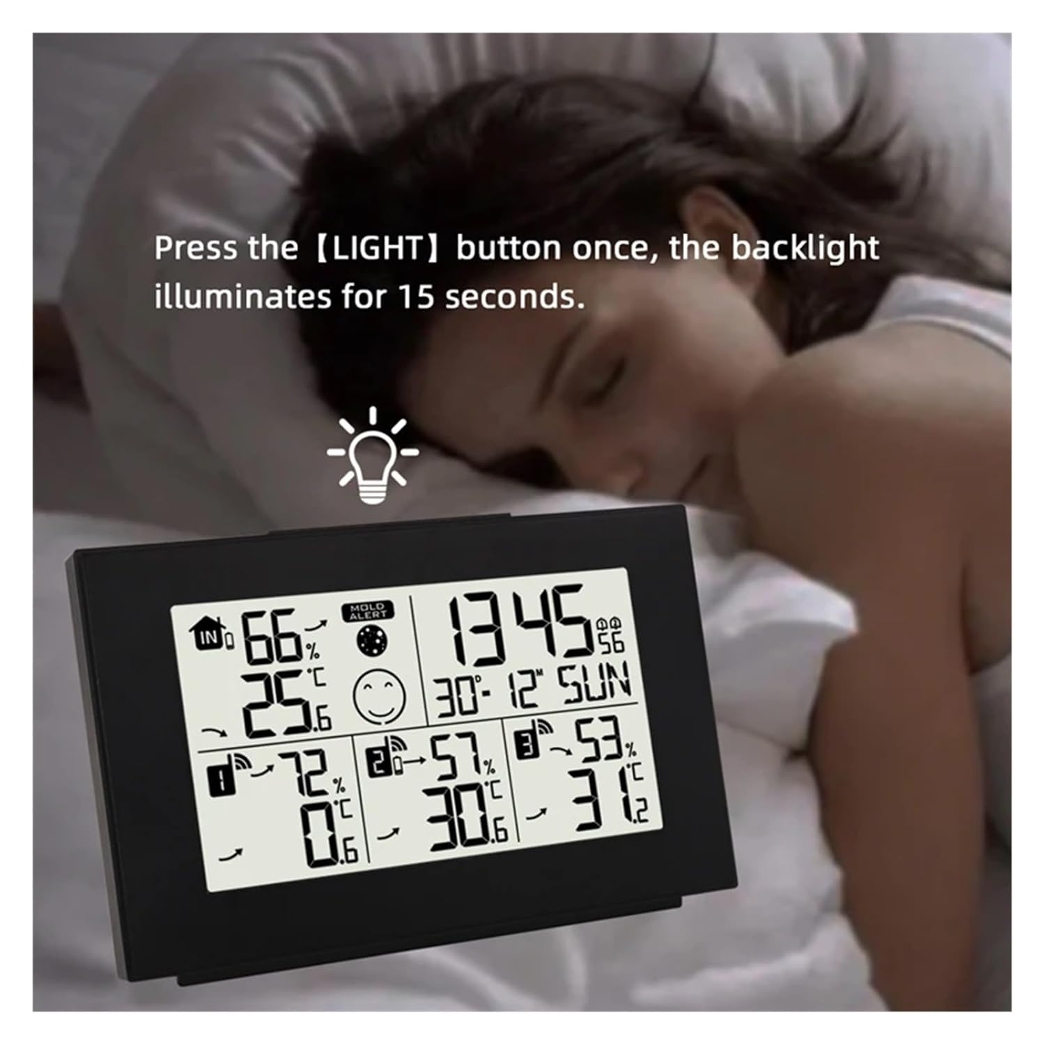 Dual Alarm Clock Weather Station Indoor/Outdoor Digital LCD Thermometer Hygrometer Trend Alert 3 Wireless Sensors image number 5