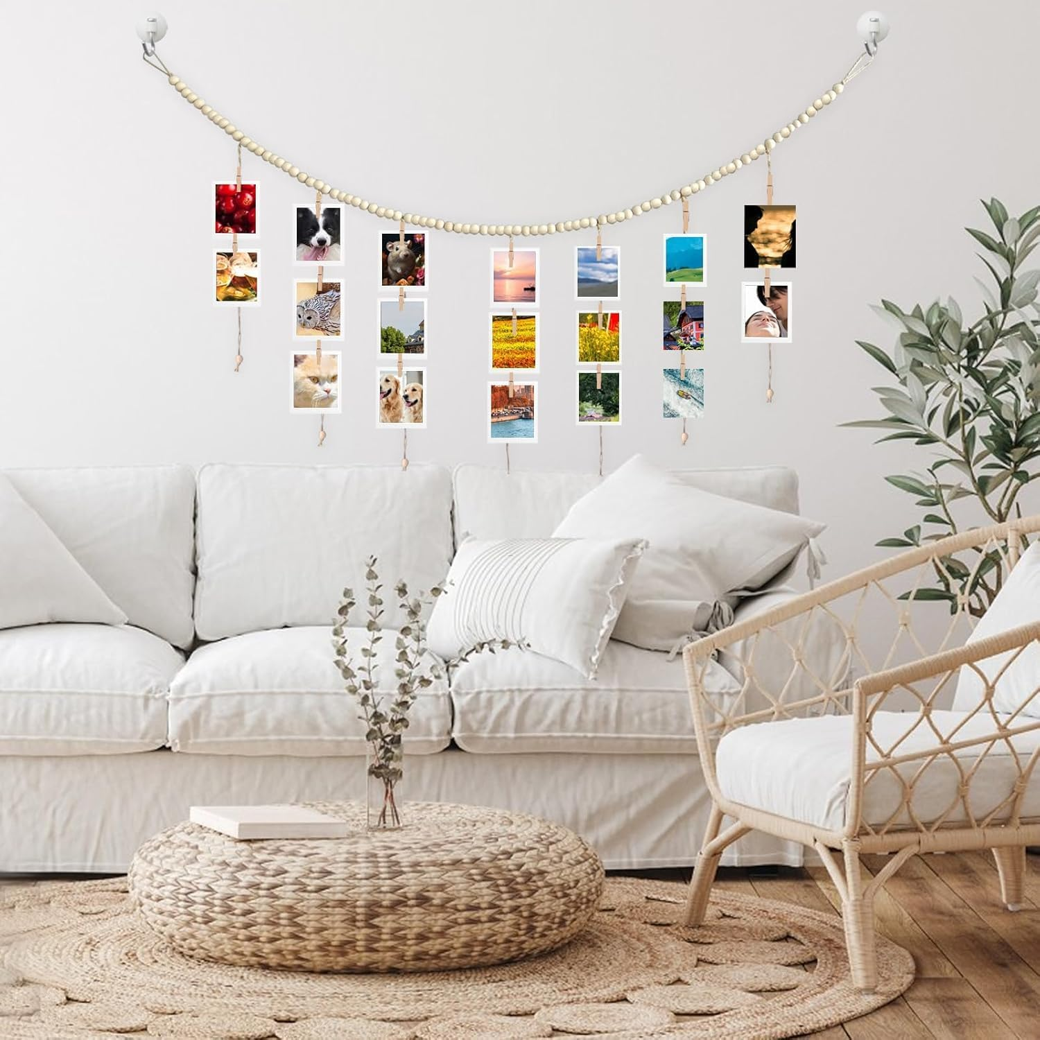 Boho Hanging Photo Display with 30 Clips Wooden Beads, Collage Hanging Picture Frames with String, Photo Garland Wall Decor for Bedroom Living Room Dorm Art Teenager Girl image number 5
