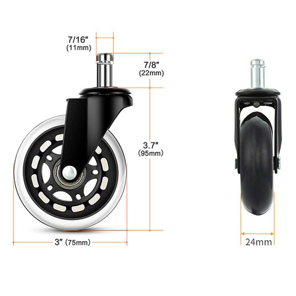 Office Chair Wheels (Set of 5) &ndash; 3" Heavy-Duty Replacement Casters for Hardwood & Carpet &ndash; Silent Rollerblade Wheels, 7/16" X 7/8" Stem, Black &ndash; Universal Fit for Ergonomic Chairs (Black) image number 2