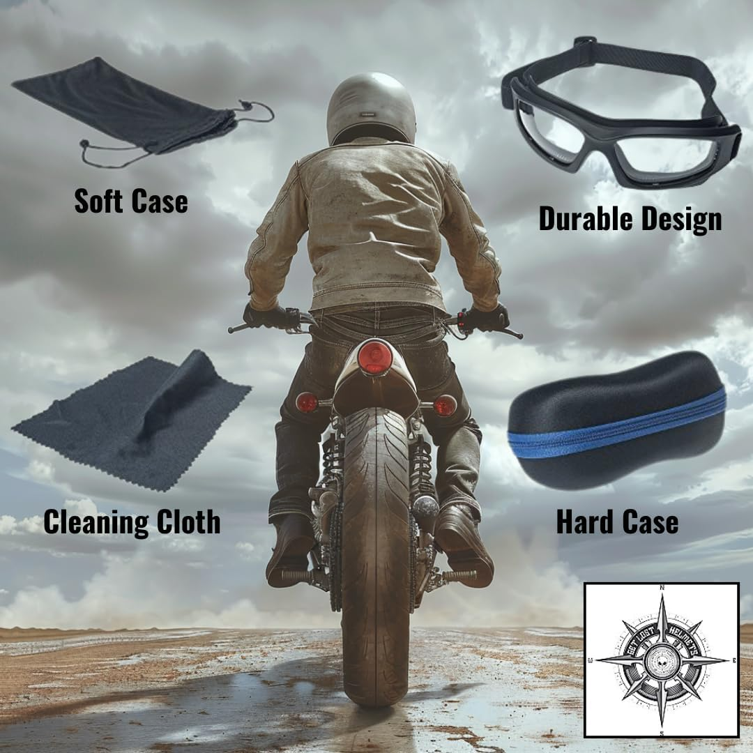 Motorcycle Riding Goggles: Heavy-Duty Riding Goggles No Foam Design W/Hard Case, Microfiber Cleaning Cloth & Pouch Included image number 2