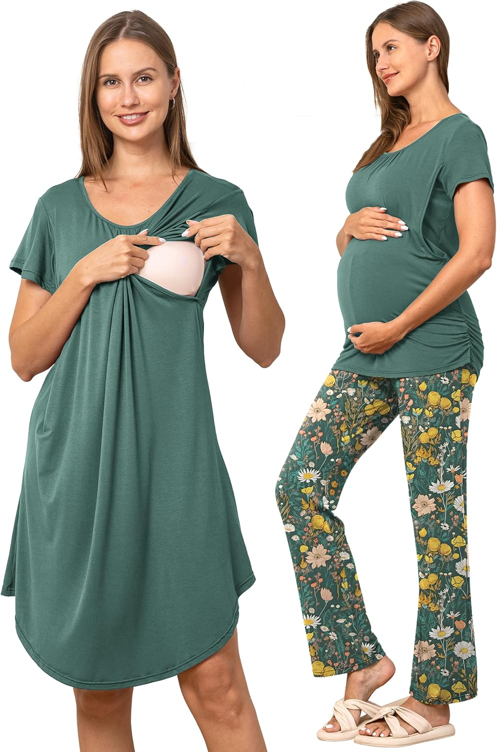 SUNNYBUY Women 3 PCS Maternity Nursing Nightgown Dress & Short Sleeve Breastfeeding Top & Pregnancy Pants Sleepwear Set image number 5