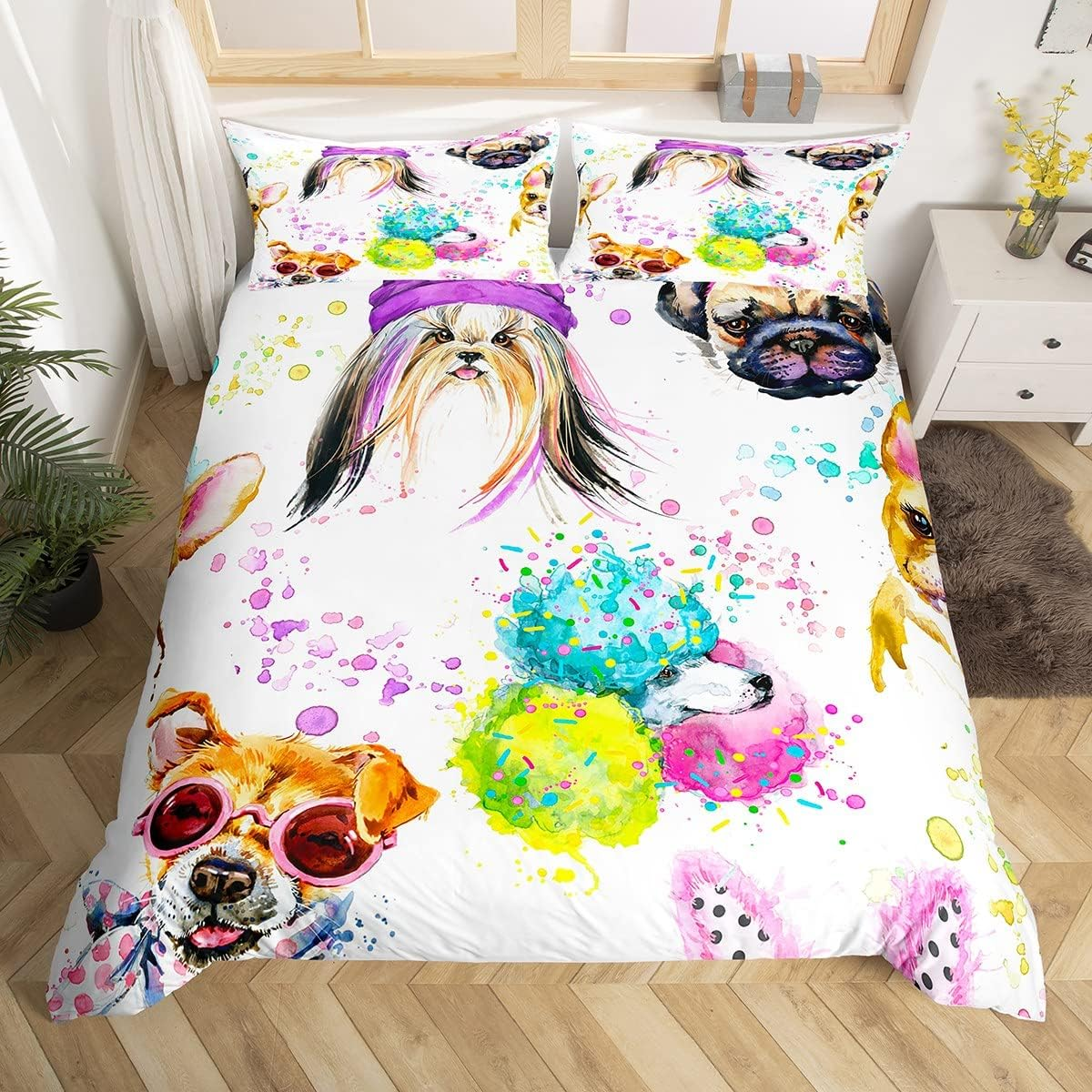 Puppy Duvet Cover Kawaii Bed Linen Set Shar Pei Gifts for Dog Lovers Silk Terrier Poodle Comforter Cover Sharpei Doll Dog Bed 220 X 240, Watercolour Bulldog Pet Cute Room Decor image number 1
