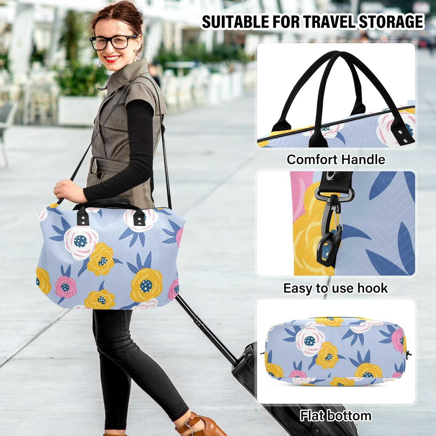 Fun Floral Blue Travel Bag Travel Weekender Gear Bag Tote Bag with Adjustable Strap for Trip 2 Pcs Set, Fun Floral Blue, One Size, Fun Floral Blue, One Size image number 3