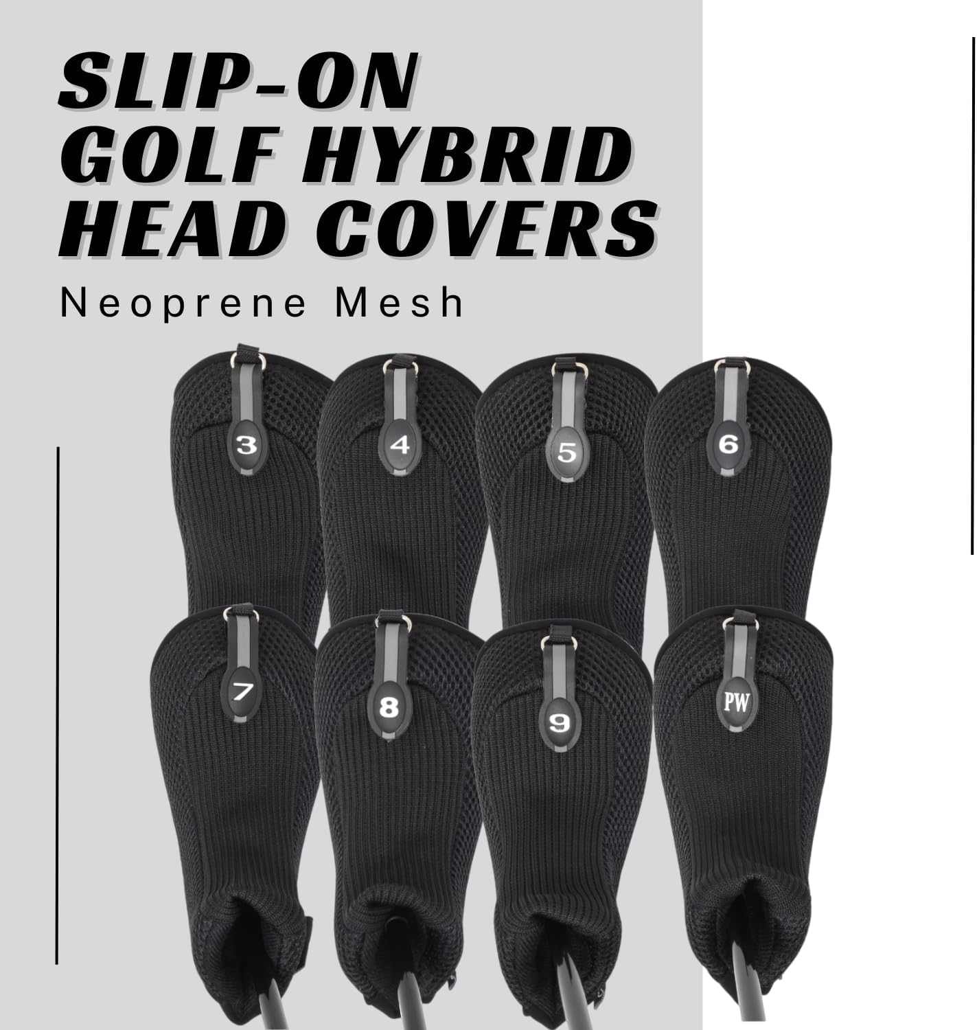 Black All Hybrid Headcover Set 3 4 5 6 7 8 9 Pw Golf Club Covers Head Cover Neoprene Mesh Complete