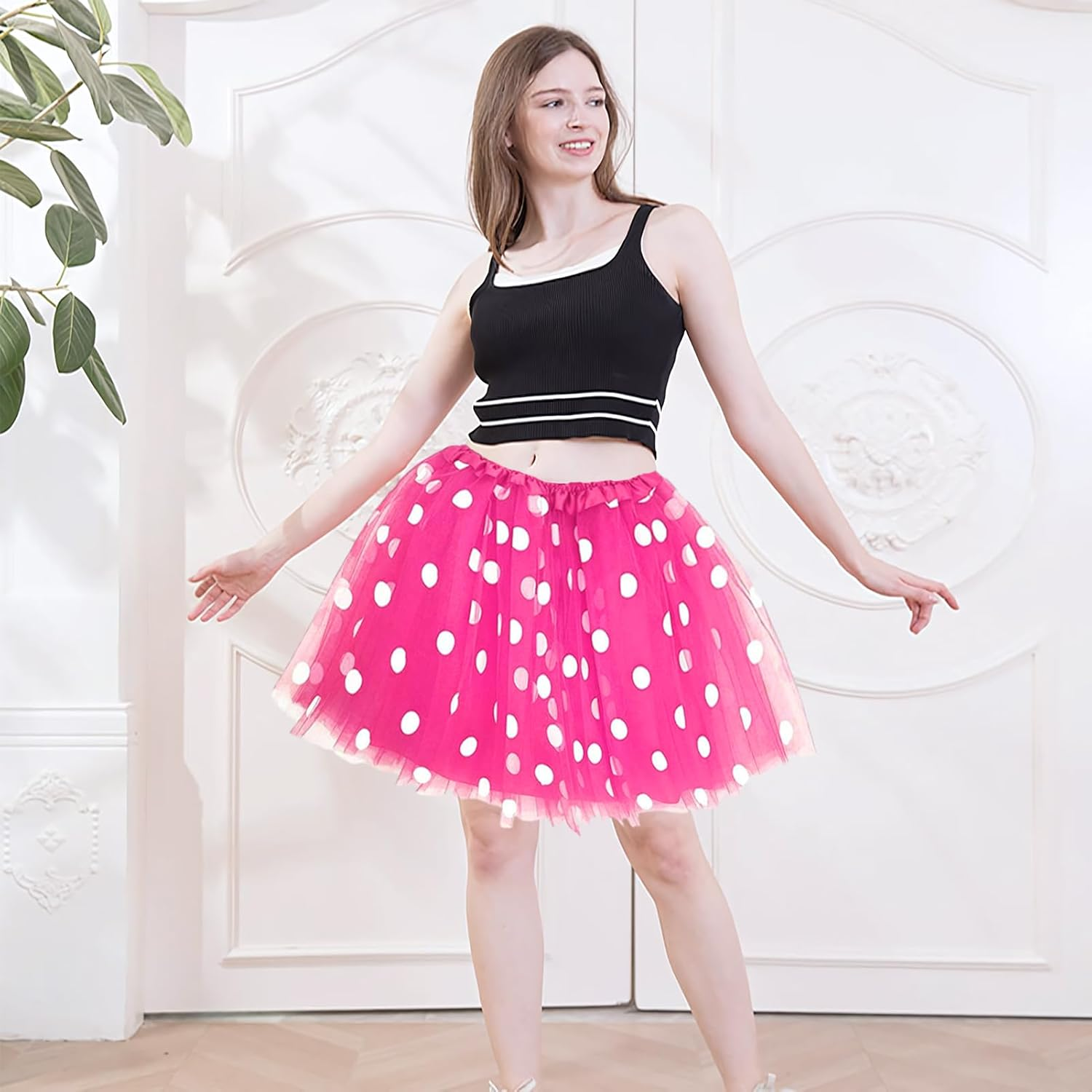 Minnie Mouse Costume Kit Women Girls, Pink Minne Polka Dots Tutu Dress Mouse Ear Headband Christmas Halloween Fancy Dress for Adult Kids image number 1