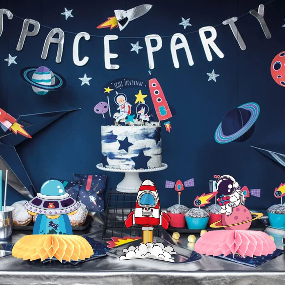 Outer Space Themed Honeycomb Centerpiece 9 PCS Outer Space Party Decorations Birthday Party Table Toppers Double Sided Table Decorations Planet Rocket Astronaut Solar System Party Supplies image number 1