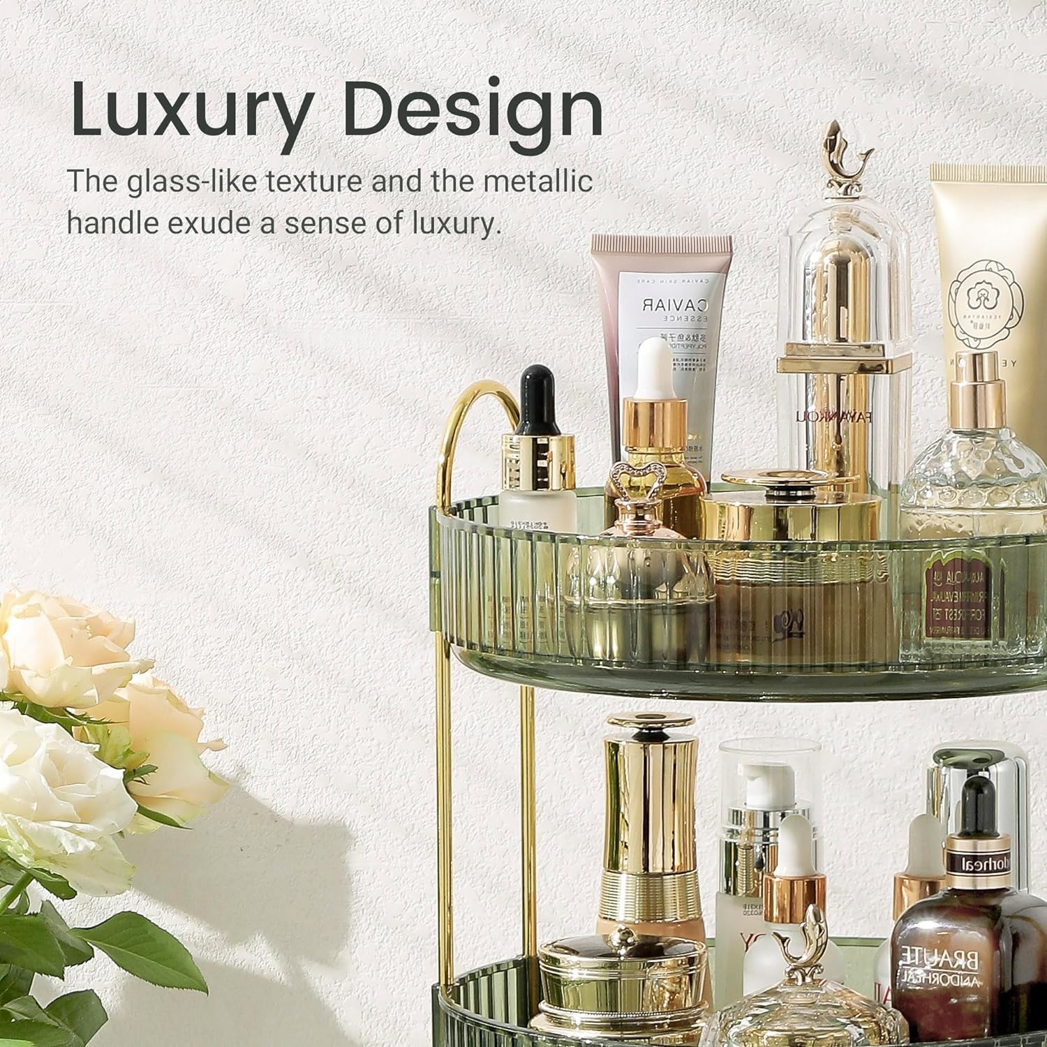 Tinyso 3 Tier Rotating Makeup Organizer for Vanity,Skincare Perfume Storage Organizersbathroom Counter Organizer for Make up Cosmetic Lipstick,Clear Spinning Organizer Perfume Holder (Green, 3Tier)