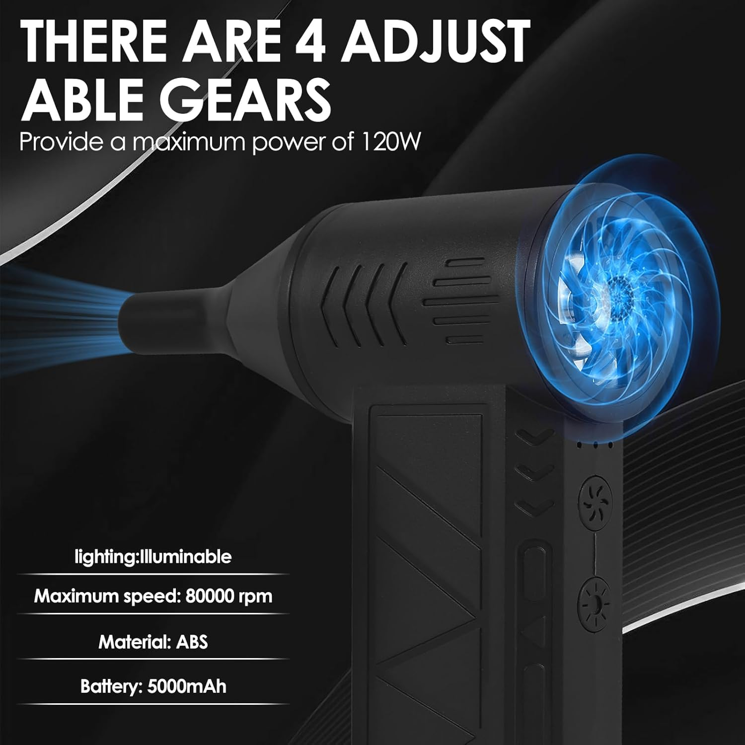 Mini Jet Dry Blower, 80000RPM 5000Mah Electric Jet Blower Fan Handheld Jet Fan Blower Mini Air Blower Duster 4 Gear Adjustable Air Blower Jet Fan with LED Light Pocket Air Duster Fan image number 2