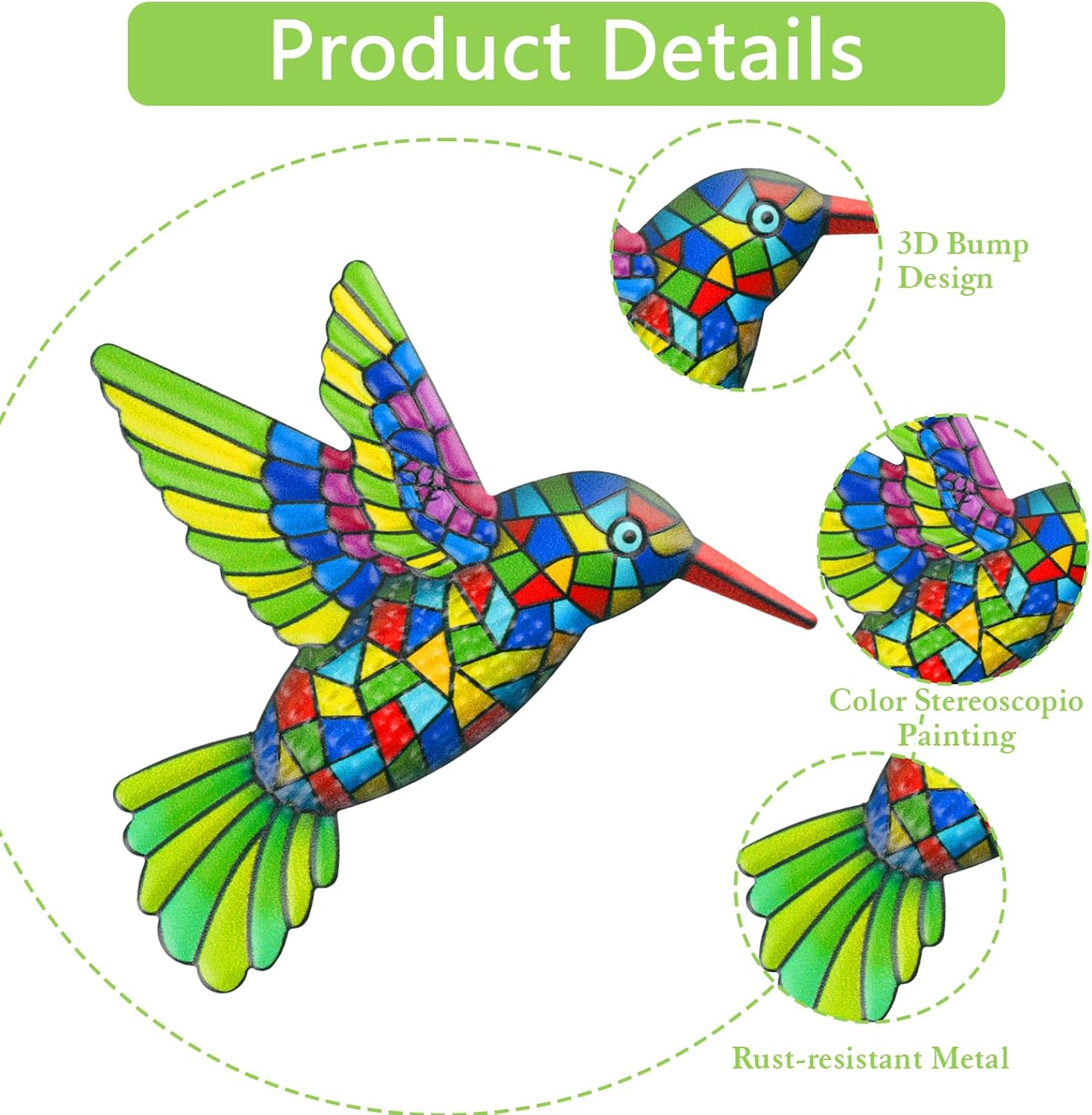 2 Pcs Metal Hummingbird Garden Ornaments Outdoor,Wrought Iron Colorful Hummingbird Wall Decor for outside Garden Patio Fence Home Bedroom Hanging Decoration image number 2