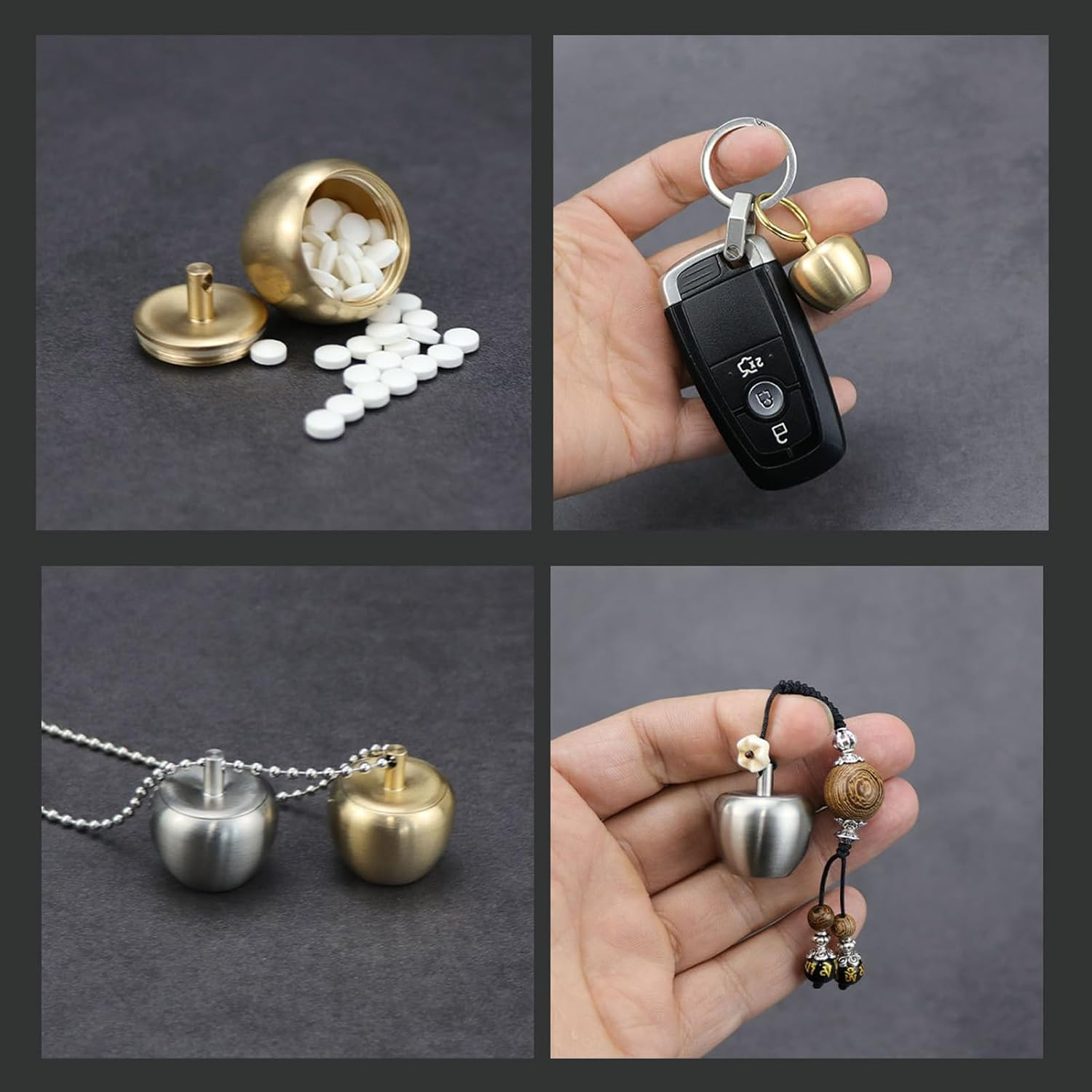 Keychain Pill Box Organiser, Waterproof Pill Holder with Lobster Clasp Clip, Portable Pill Container for Travel Pocket Purse, Cute Apple Shape Pendant for Necklace, Small EDC Pill Case with Keyring for Outdoor/Daily/Emergency (Apple-Brass)