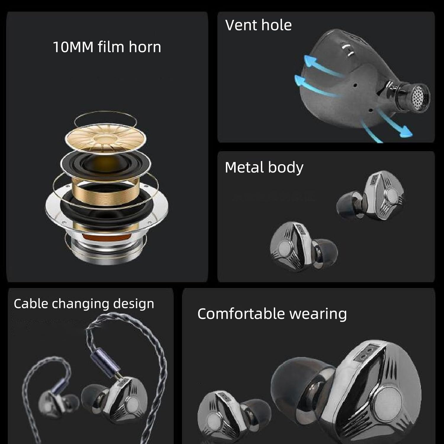 Asixxsix in Ear Monitors Headphones, Hifi Stereo Stage IEM Wired Earbuds with Detachable Cable and Silicone Ear Tips Noise Canceling Sport Earphones for Musicians Audiophiles Singer image number 2