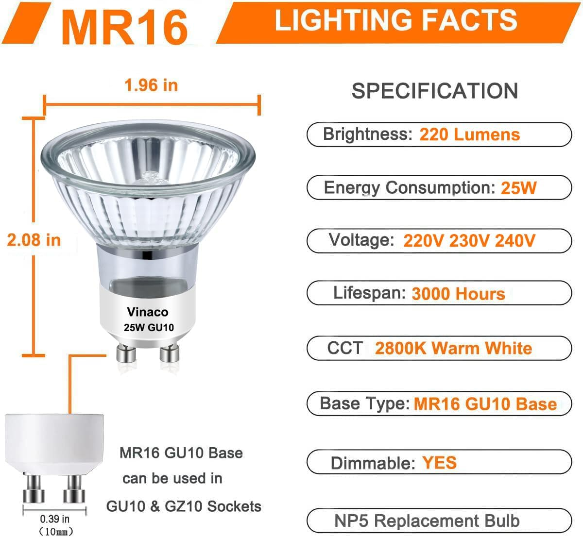 Vinaco GU10 Halogen Bulb 25W, 6 Pack GU10 Bulbs 38&deg; Beam Angle Warm White 2800K Dimmable, Long Lasting 230V 25W for Recessed, Track Lighting image number 3