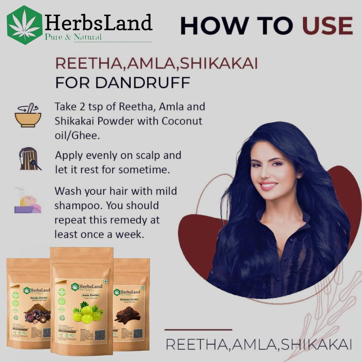 Herbsland&reg; Pure Bio Organic Amla Reetha Shikakai Powder for Face | Skin Care | Scalp with Anti-Dandruff Treatment | Hair Growth Natural Shampoo | Double Filtered for Shiny Hair (75 Gm Each) (225 Gm)