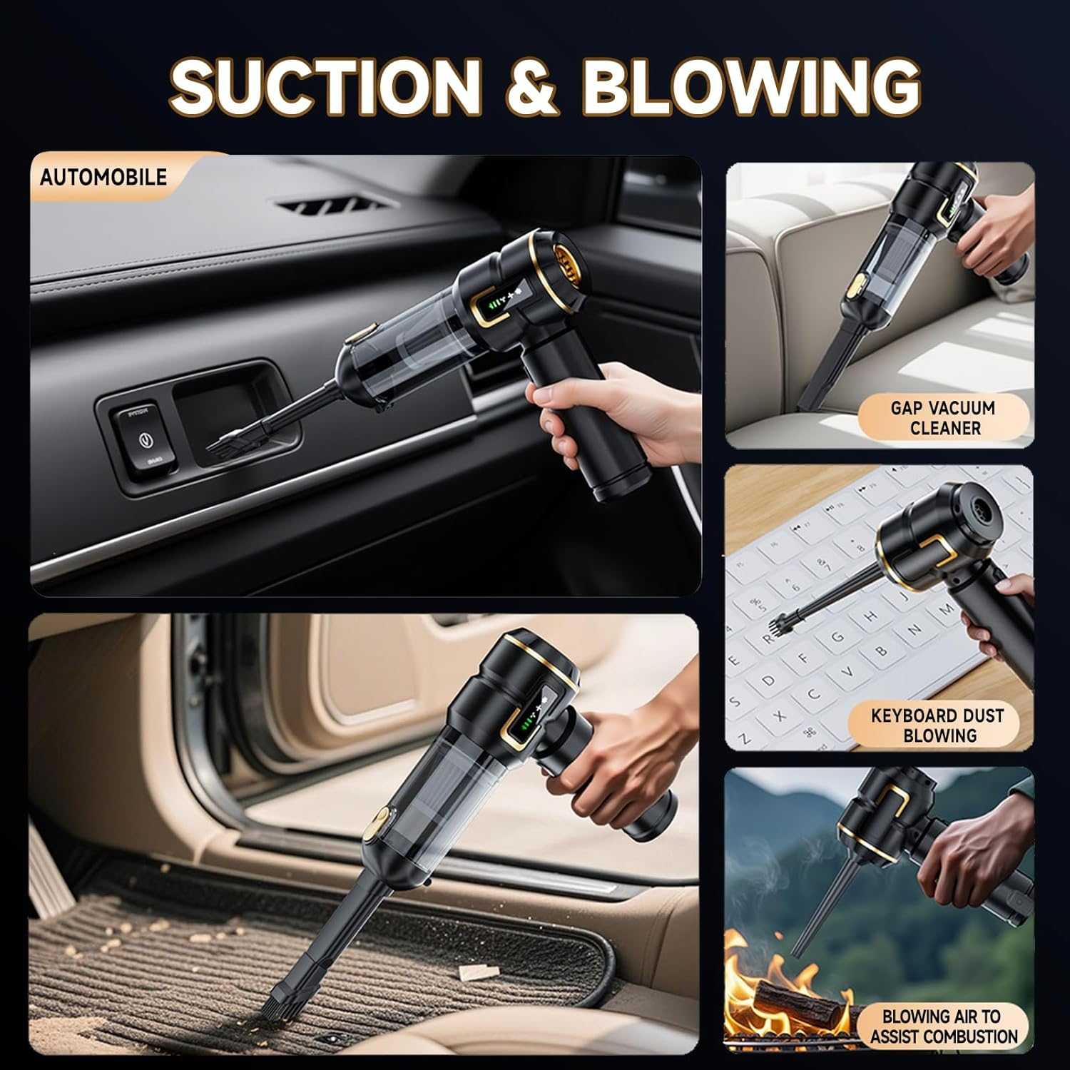 Car Vacuum Cleaner Cordless with Battery Display, 23000PA Mini Handheld Vacuum Cleaner, 4-In-1 Compressed Air Duster & Air Blower & Pump Hand Held Vacuum with Brushless Motor for Car, Home, Office image number 6