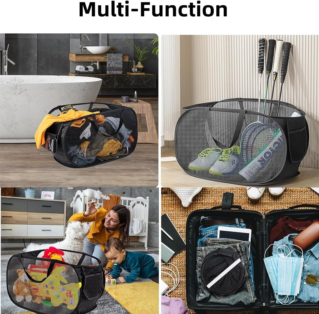 IREES Durable Collapsible Laundry Baskets, 2PCS Mesh Pop up Laundry Hamper,Lightweight Mesh Basket with Reinforced Carry Handles for Laundry, Dormitories, Families, Travel, and Camping (Black)