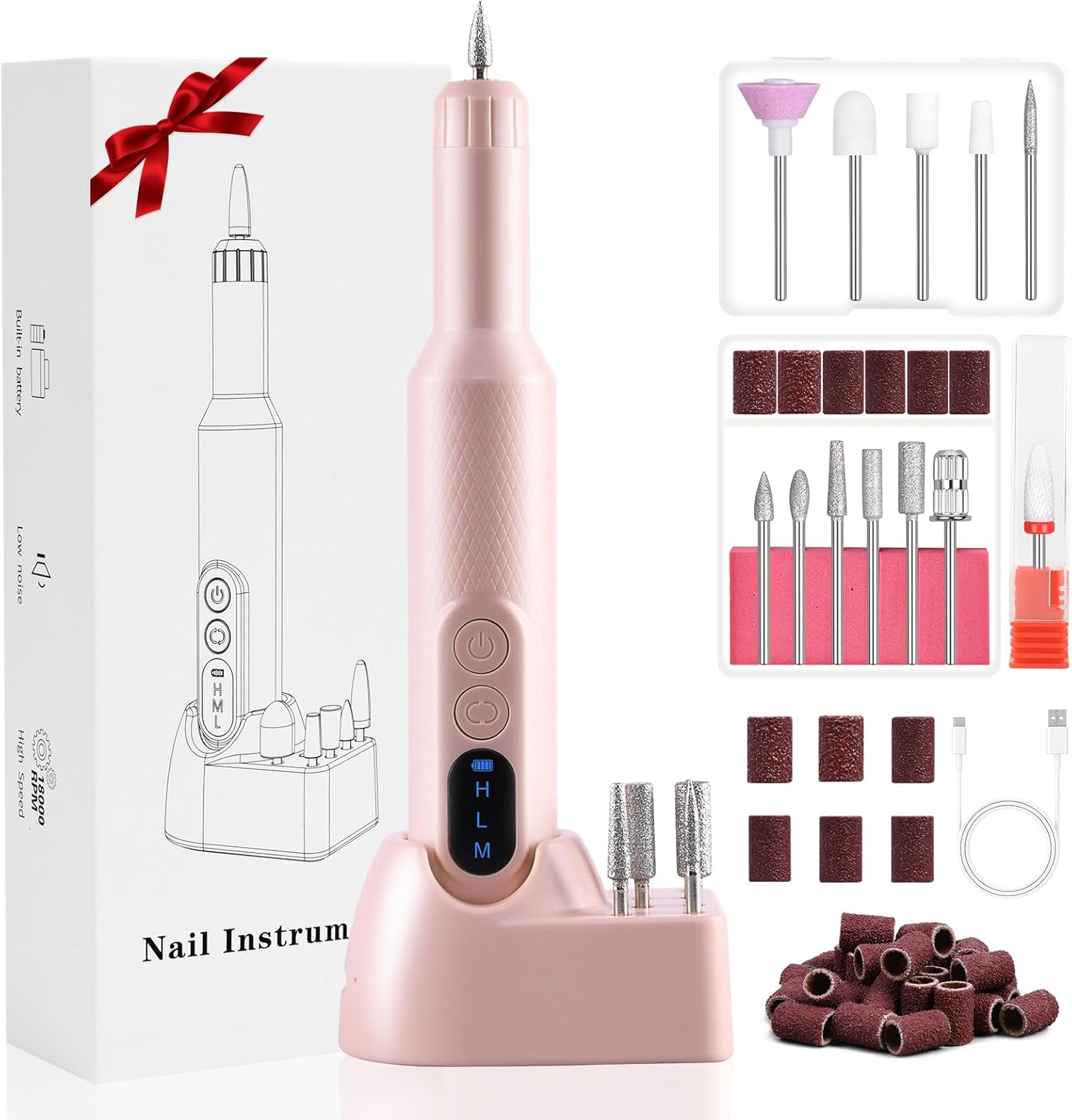 URAQT Electric Nail Drill, Professional Nail Drill Kit with 12 Bits, Adjustable Speed, Wireless Charging, Pink